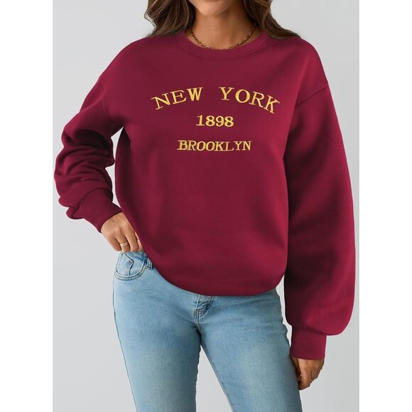 ⚡Women Burgundy Imported Graphic Crewneck Casual Long Sleeve Pullover Sweatshirt - Picture 4 of 7